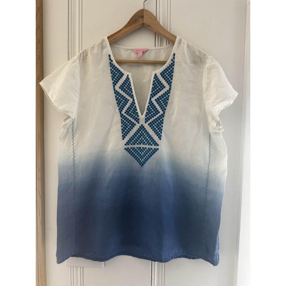 Womens Lilly‎ Pulitzer Linen Tunic Top Large Blue White Embroidered Boho Coastal